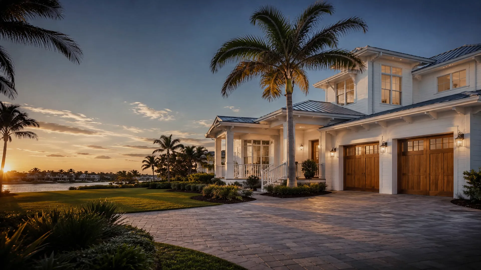 Beautifully painted Florida coastal home at golden hour